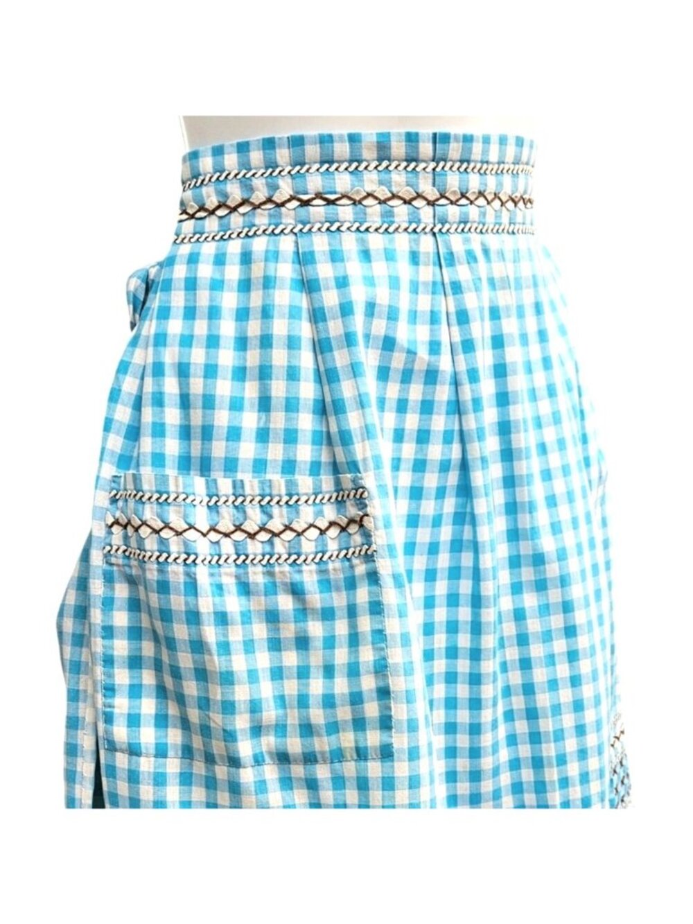 Vintage Handmade Turquoise Gingham Half Apron Hand Embroidery Rickrack Cotton - Picture 10 of 16
